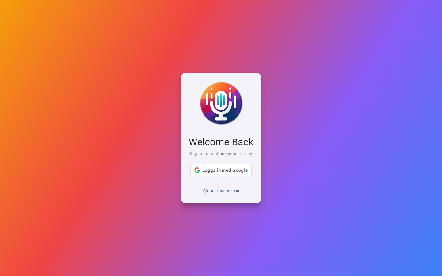 Screenshot of the Podcase web app at podcast.lohnn.se — its real sign-in screen, with a 'Logga in med Google' button on a bright gradient.